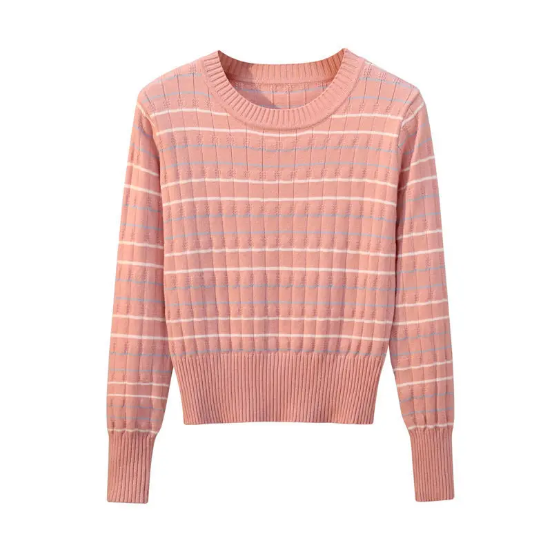 

College style striped early autumn thin bottomed shirt with round neck sweater and small high waist Pullover Knitted Top
