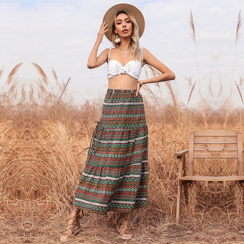 

2021 Summer New Women's Clothing European and American National Wind Print Tie with Open Fork Skirt Women