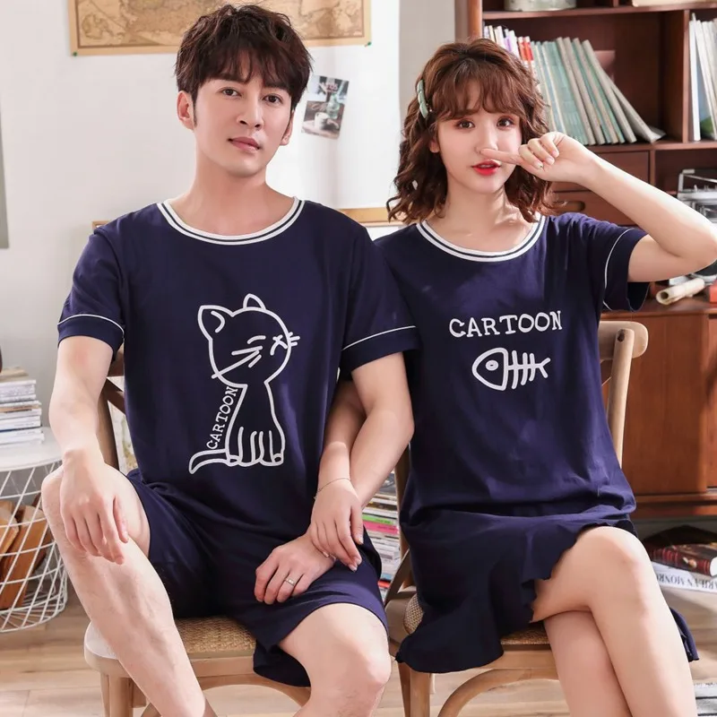 Ночные рубашки из 100% хлопка с коротким рукавом для пар женская летняя одежда сна