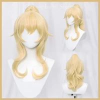genshin impact jean wig cosplay blonde curly ponytails golden heat resistant hair adult halloween role play ac