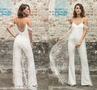 sexy open back pant suit wedding dresses with cape lace appliques jumpsuit off the shoulder spaghetti straps formal bridal gowns