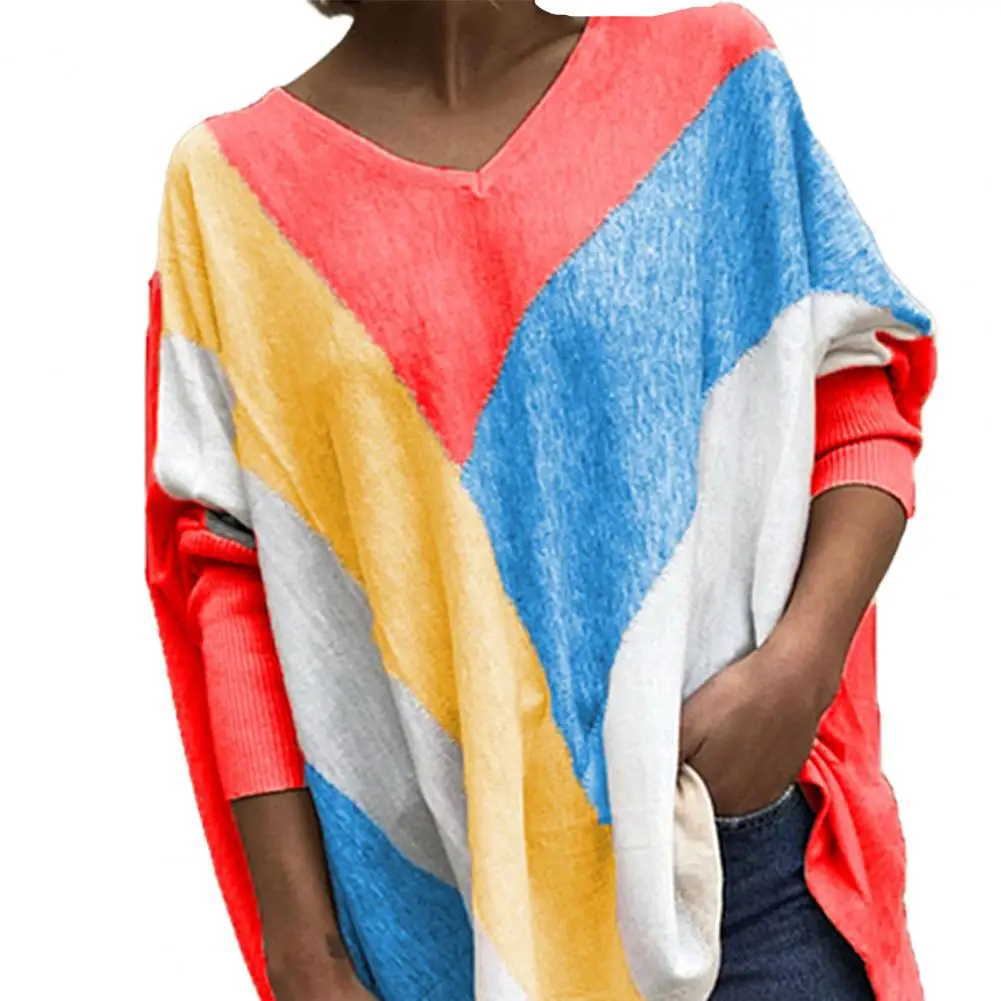 

Baggy Blouse Baggy V-neck Colorful Loose Splice Tops for Leisure