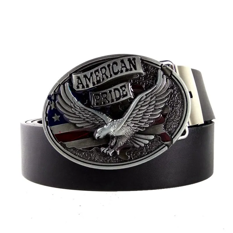 Black Casual Men Belts with Oval Big Metal Buckle AMERICAN PRIDE Flighting Eagle Western Cowboy Accessories Fashion Male Gifts
