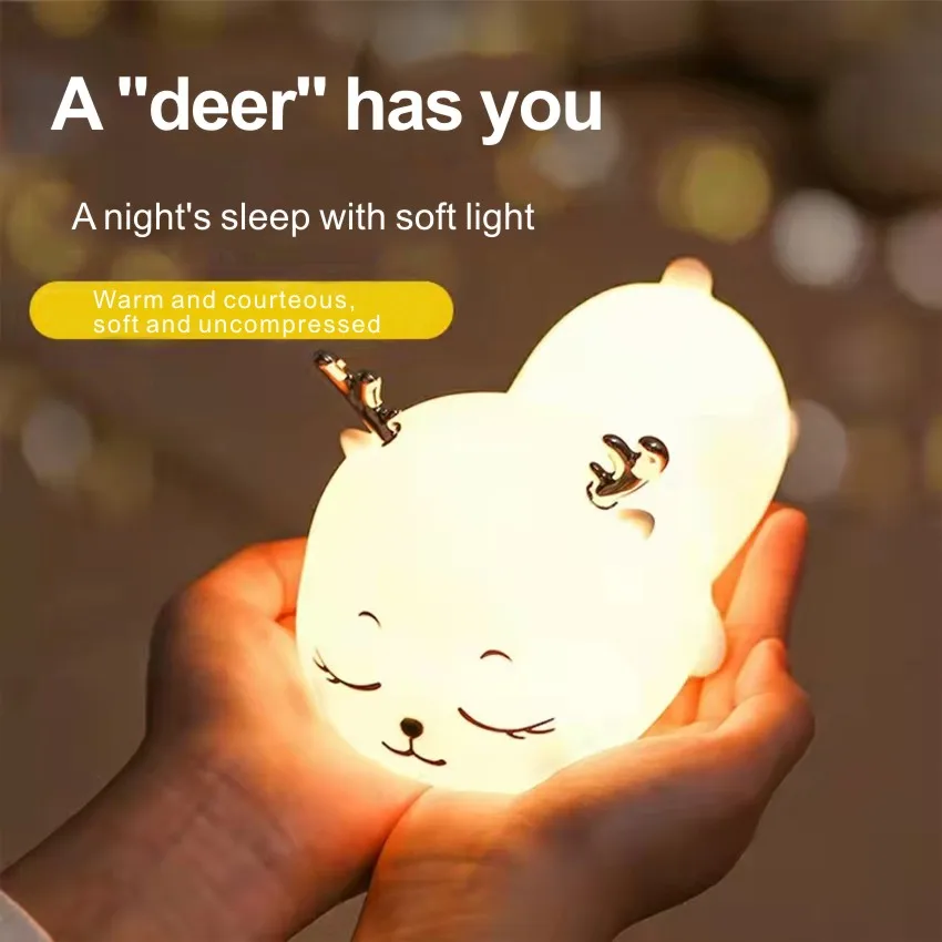 

Bonito elk luz da noite para crianças berçário macio silicone bebê nightlight usb recarregável 7 cor toque lâmpada crianças deco