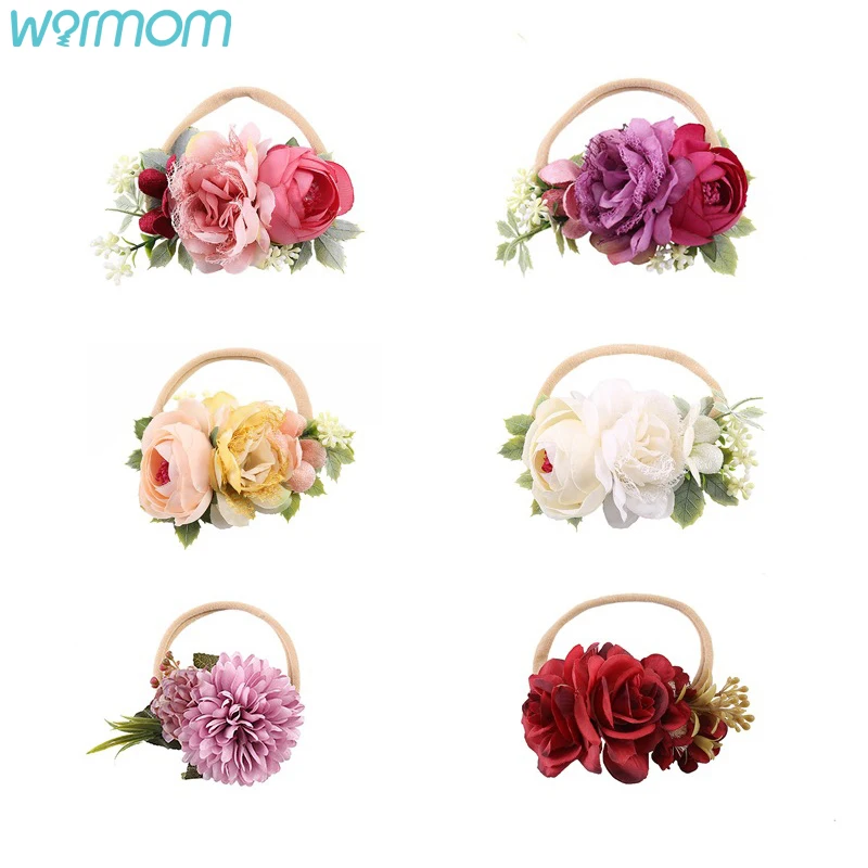 Warmom-diademas Artific para beb&eacute;, diademas de flores para reci&eacute;n nacido, diademas el&aacute;sticas de nailon hechas a mano, diademas florales para ni&ntilde;o peque&ntilde;o-0