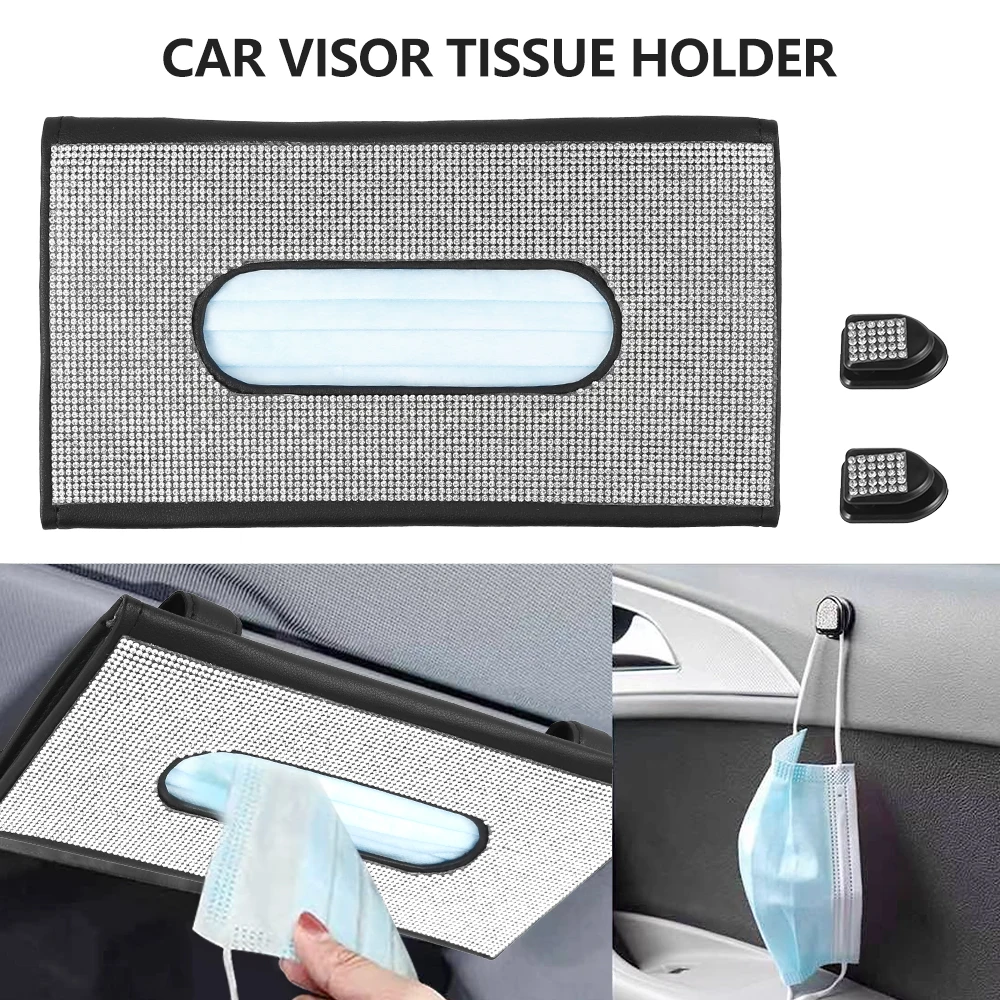 

Car Sun Visor Tissue Box Holder Bling Crystals Cover Case Clip PU Leather Backseat Tissue Case Car Accessories