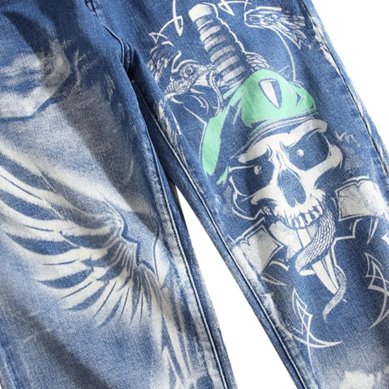2021 New Arrival 3D Skull Print Vintage Men Slim Pencil Jeans Trousers Hip Hop Punk Gothic Denim Pants For Teens Pantaloni Uomo