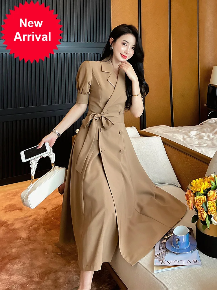 

Customer plus beige dress 2020 Summer new professional socialite temperament fashion high waist Hepburn style dress