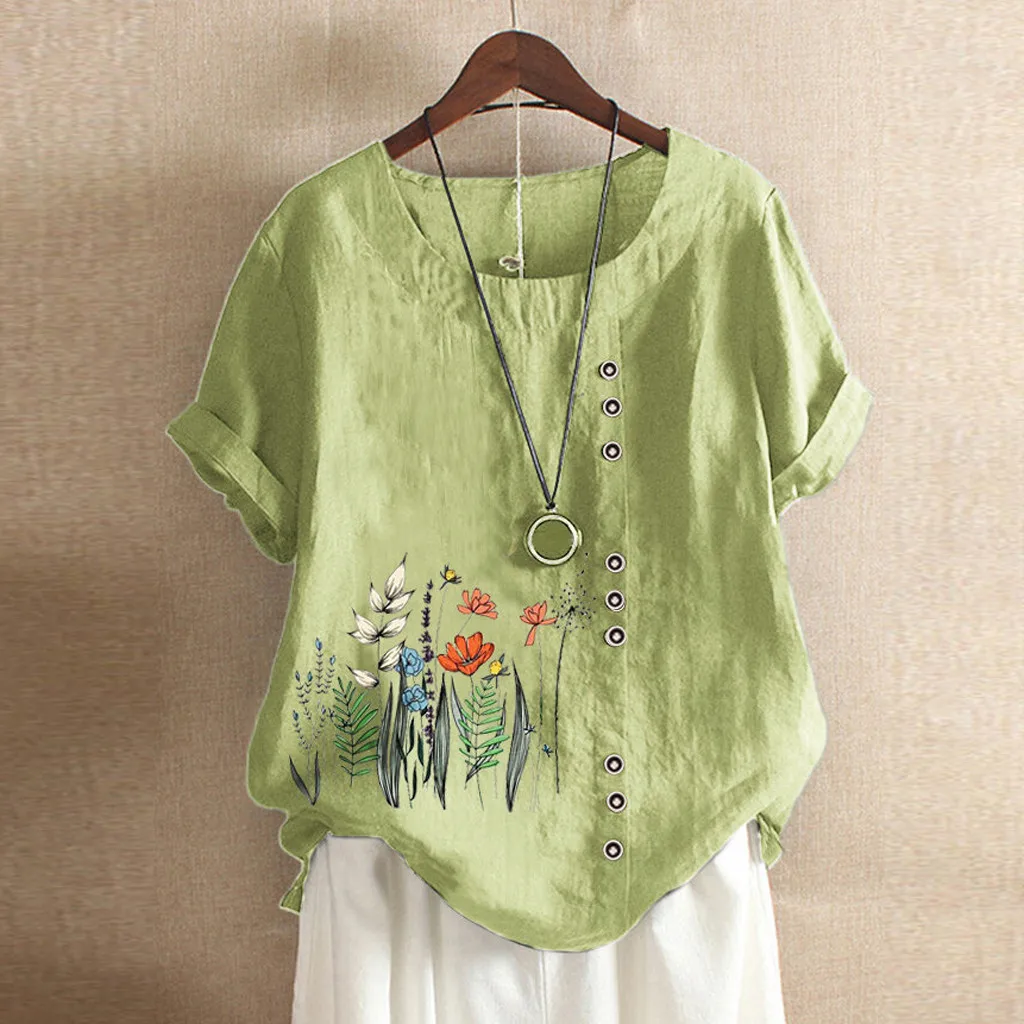 Женская винтажная рубашка с цветочным принтом и круглым вырезом| |