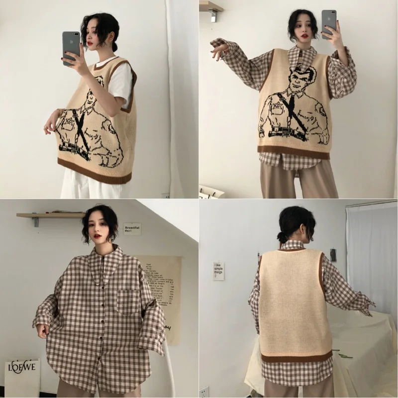 Vintage Cartoon Printed Knitted Sweater Vest Casual Sleeveless Loose Pullover Tank Tops Female Oversized Pullovers Femme