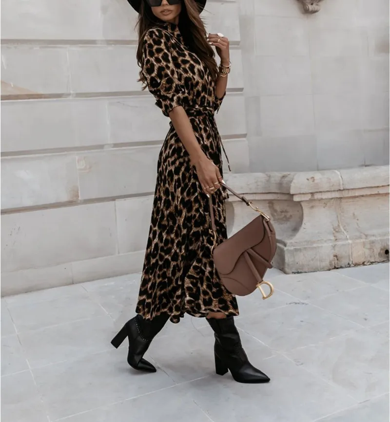 

Dress For Women 2021 Autumn lapel Long Fashion Casual Long Sleeve Split Leopard Print Dress Female Elegant Maxi Party Clothing
