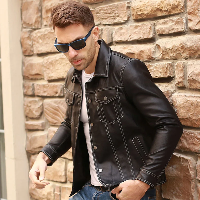 

2021 Jackets Leather Spring Autumn Men's Single Breasted Genuine Sheepskin Short Coat Young Man Black Leather Leisure Jacket