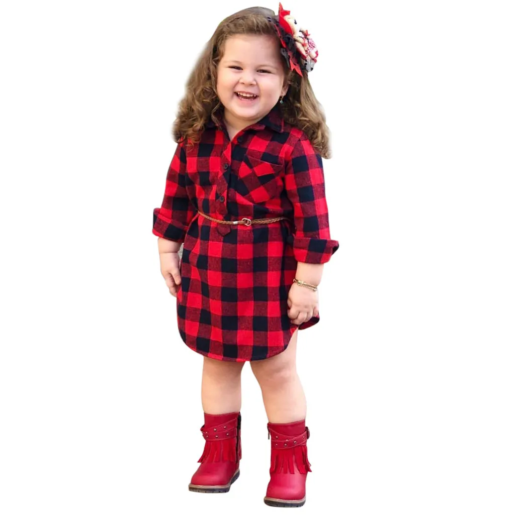 2019 г. платья принцессы в клетку для маленьких девочек одежда с поясом Одежда