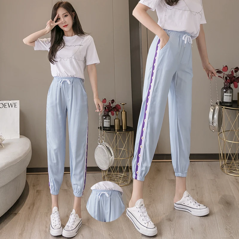 

Womens Jeans Thin Denim Imitation Elastic Waist Casual Pants Blue 2021 Summer Ice Silk Ladies Jeans Embroidery