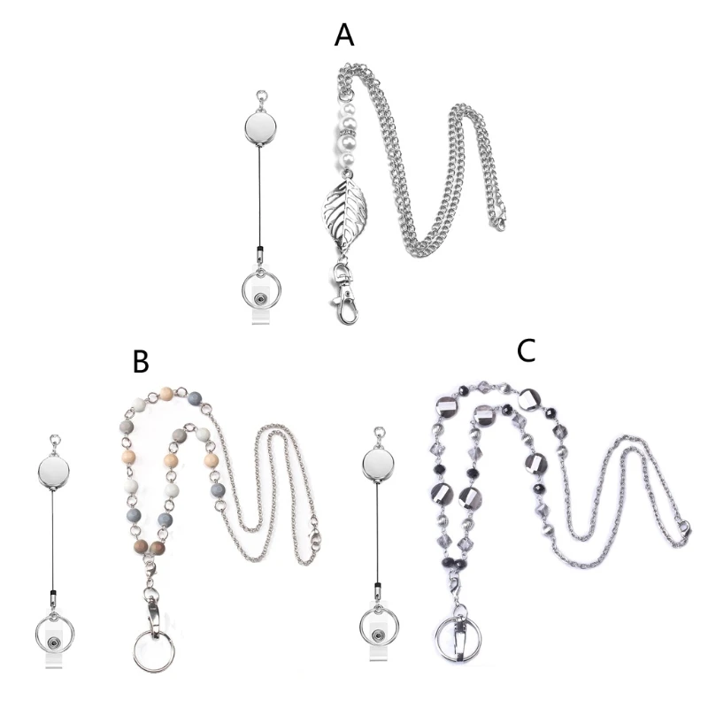 

69HB Leaves Retractable Name Badge Reel Lanyard with ID Card Holder Necklace Women
