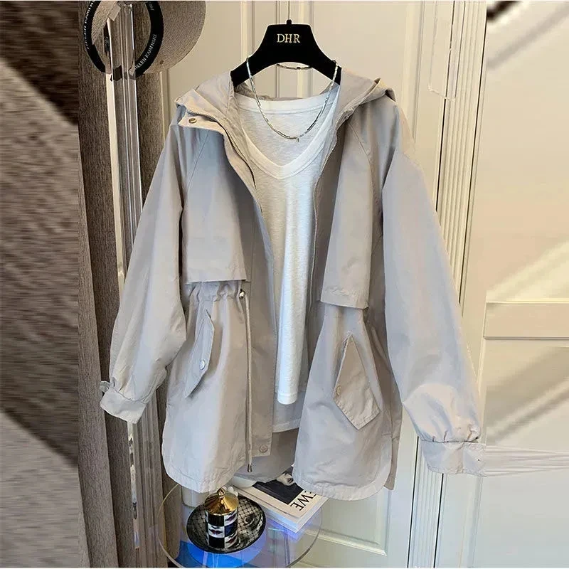 

Женский тренчкот средней длины, модная ветровка в Корейском стиле, Повседневная Уличная куртка на молнии с капюшоном, весна-осень