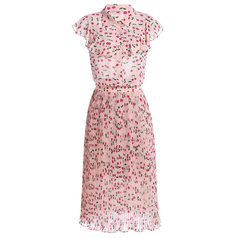 

2 Two Piece Set Tracksuit Women Summer Chiffon Sleeveless Ruffles Print Top And Pleated Midi Maxi Skirt Elegant Fashion Suits