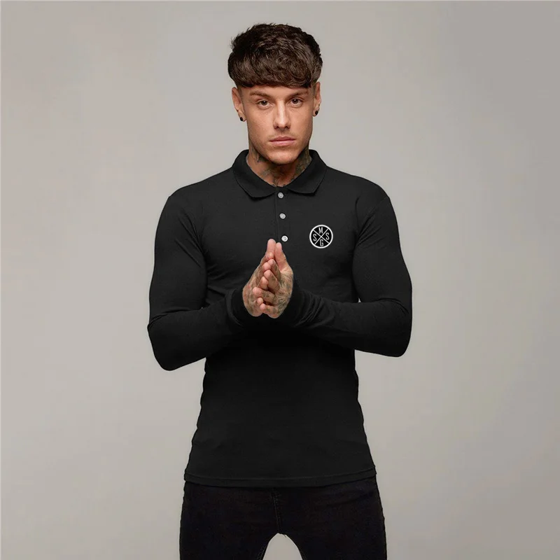 Новая мода мужские однотонные черные рубашки поло с длинным рукавом спортивная
