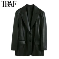 traf women fashion faux leather loose blazers coat vintage long sleeve pockets back vents female outerwear chic tops