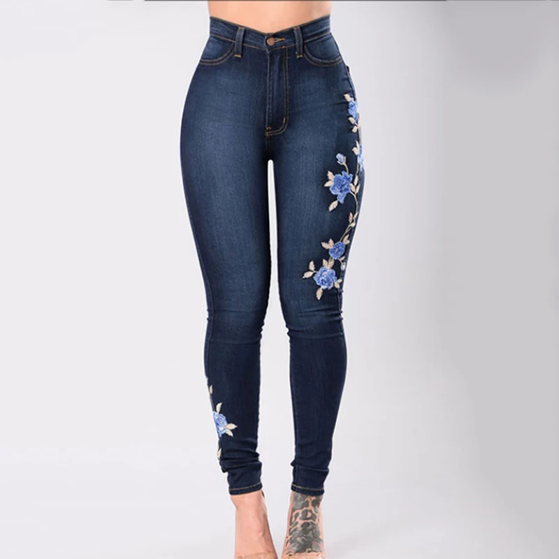 Узкие брюки-карандаш с завышенной талией и вышивкой розы женская одежда джинсы