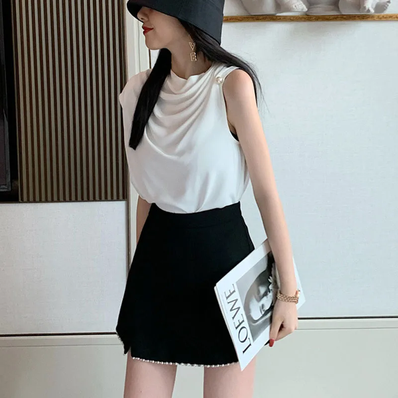 

Spring Bottoming Tops Beading Blouse 2021 New Summer Chiffon Blouse Women Sleeveless Shirts Hong Kong Style French Blusas 13036