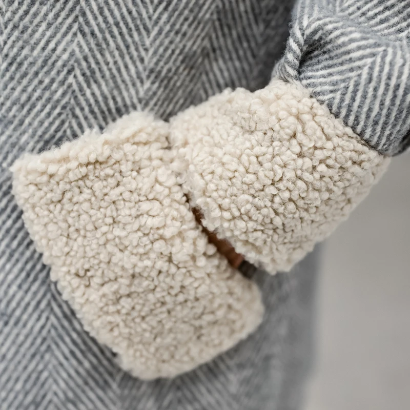 Шерстяное длинное пальто в елочку из овечьей шерсти теплое свободное шерстяное