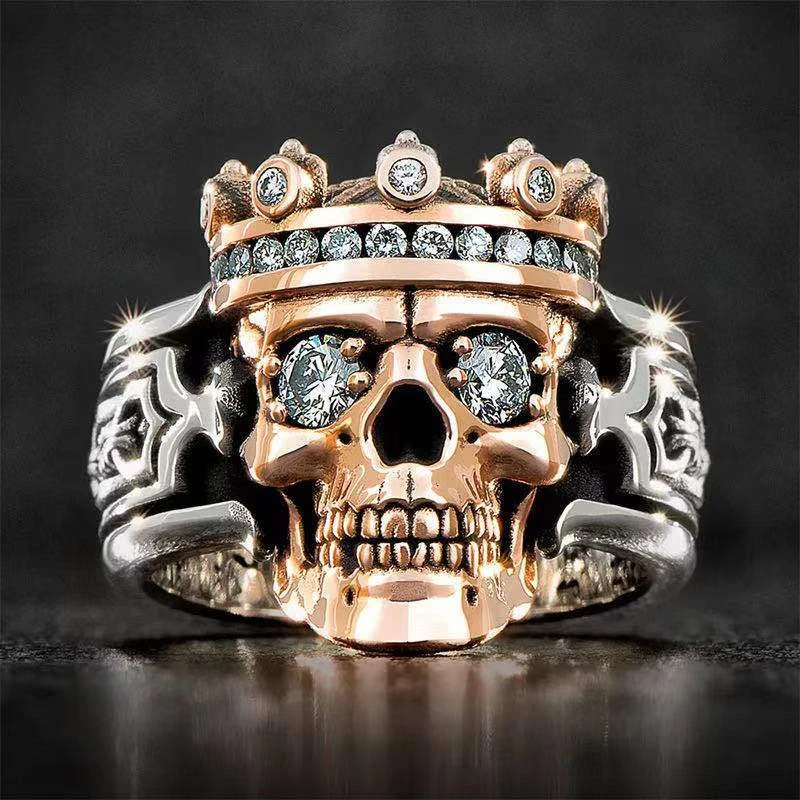 

Men's Punk Style Hip Hop Gothic Male Ring Jewelry Gift Creative Retro Two Tone Crown Skull Ring Wholesale