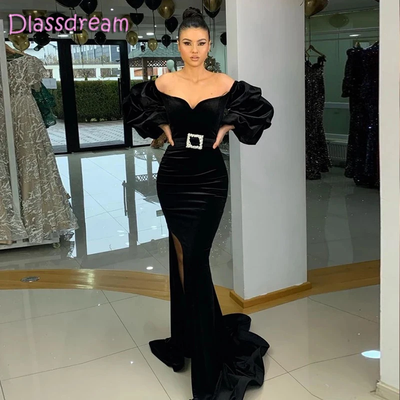 

Sexy Black Mermaid Evening Dress Off Shoulder Puff Sleeves Side Split Sweep Train Vestito Women Party Gown Robes De Soirée