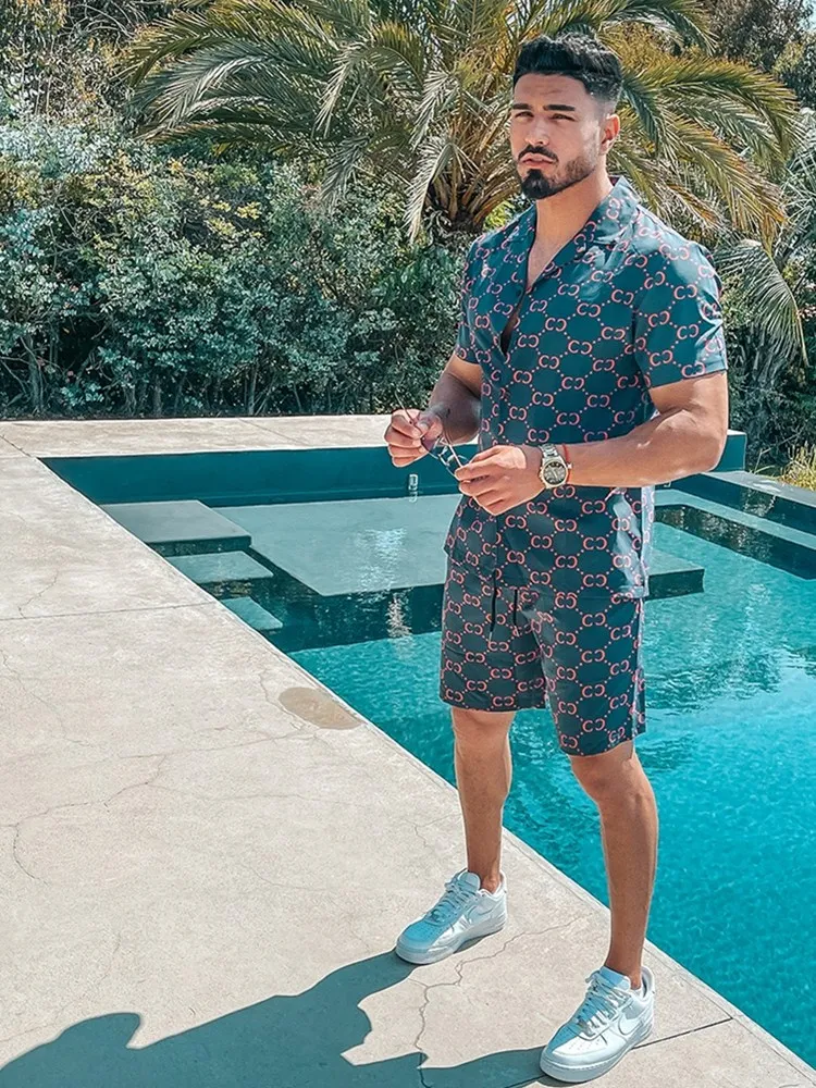 

Men Hawaiian Printing 2021Summer Short Sleeve Button Shirt Belt Pocket Beach Shorts Streetwear Mens Casual Beach Wear Suit