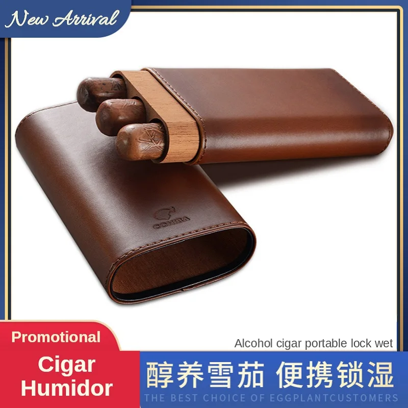 

Cow Leather Cedar Wood Cigar Case Portable Humidor Moisturizing Travel 3 4 Sticks Low-key Luxury Design Cool Quality Brown Gift