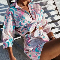hirigin 2pcs beach styles satin sets women fashion scenery pattern button down shirts and shorts 2021 new summer casual sets