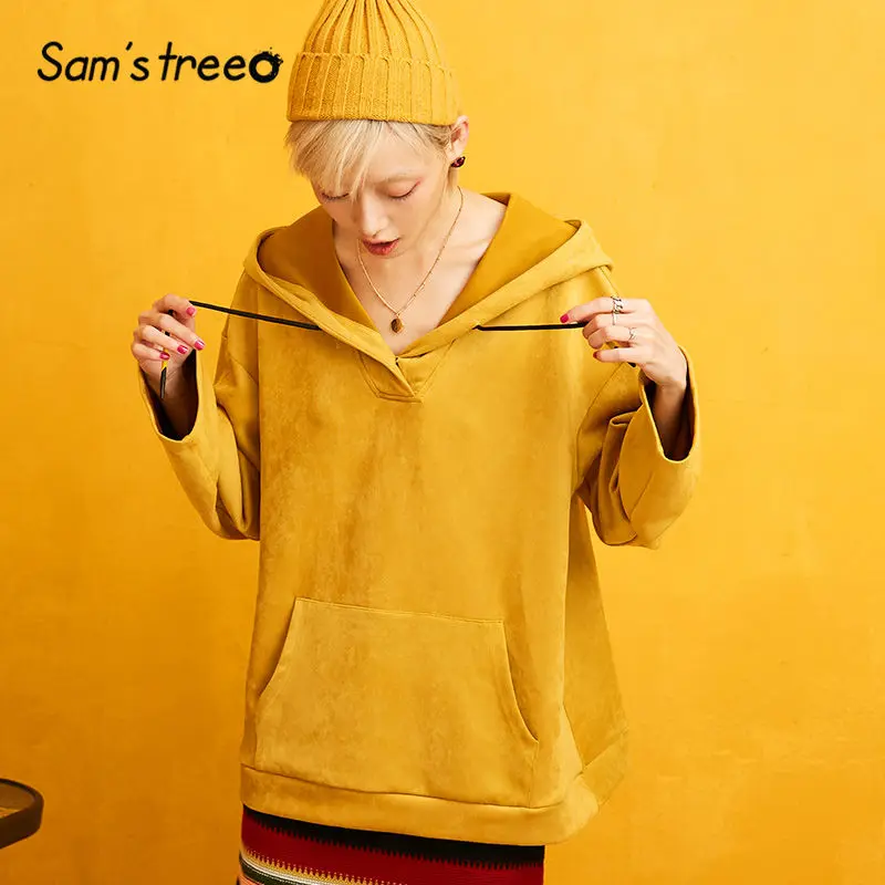 SAM'S TREE/желтые однотонные замшевые бархатные толстовки с капюшоном, свитшоты для женщин, осень, на завязках, свободные рукава, оверсайз, офисные женские топы