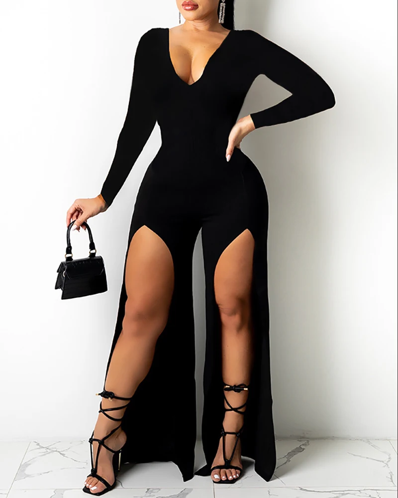 

New 2021 New Summer Women V-Neck Loose Playsuit Jumpsuit V Neck Long Sleeve High Slit Jumpsuit For Elegant Woman