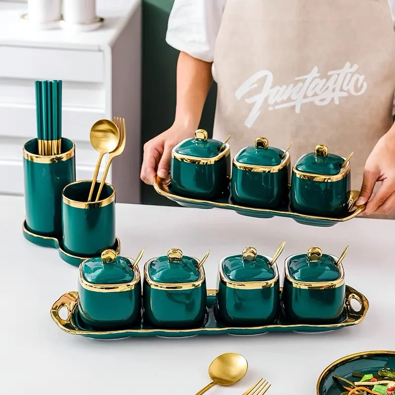 

Ceramic Condiment Jar Spice Container with Lid Spoon Tray Spice Storage for Kitchen Sugar Bowl Salt Container