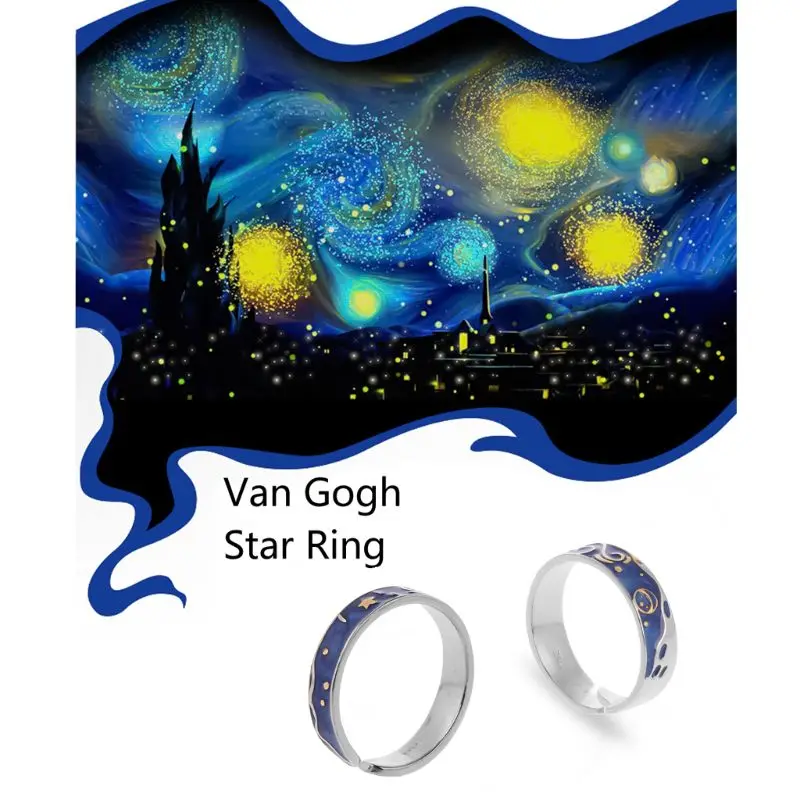 

S925 Silver Plated Van Gogh Starry Sky Open Lover Rings Band Romantic Jewelry