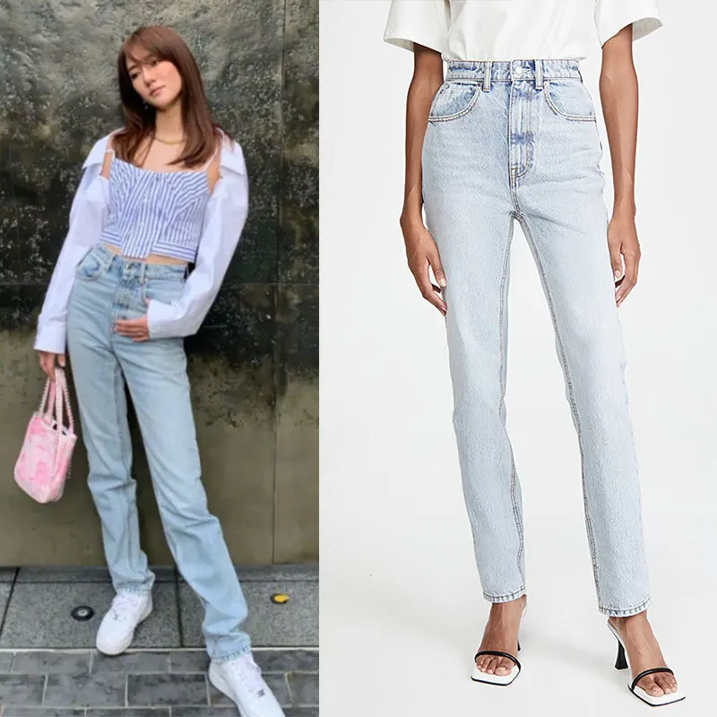 

Europe and America 2021 spring new straight pants AW king light blue jeans women's high waist slim washed retro style