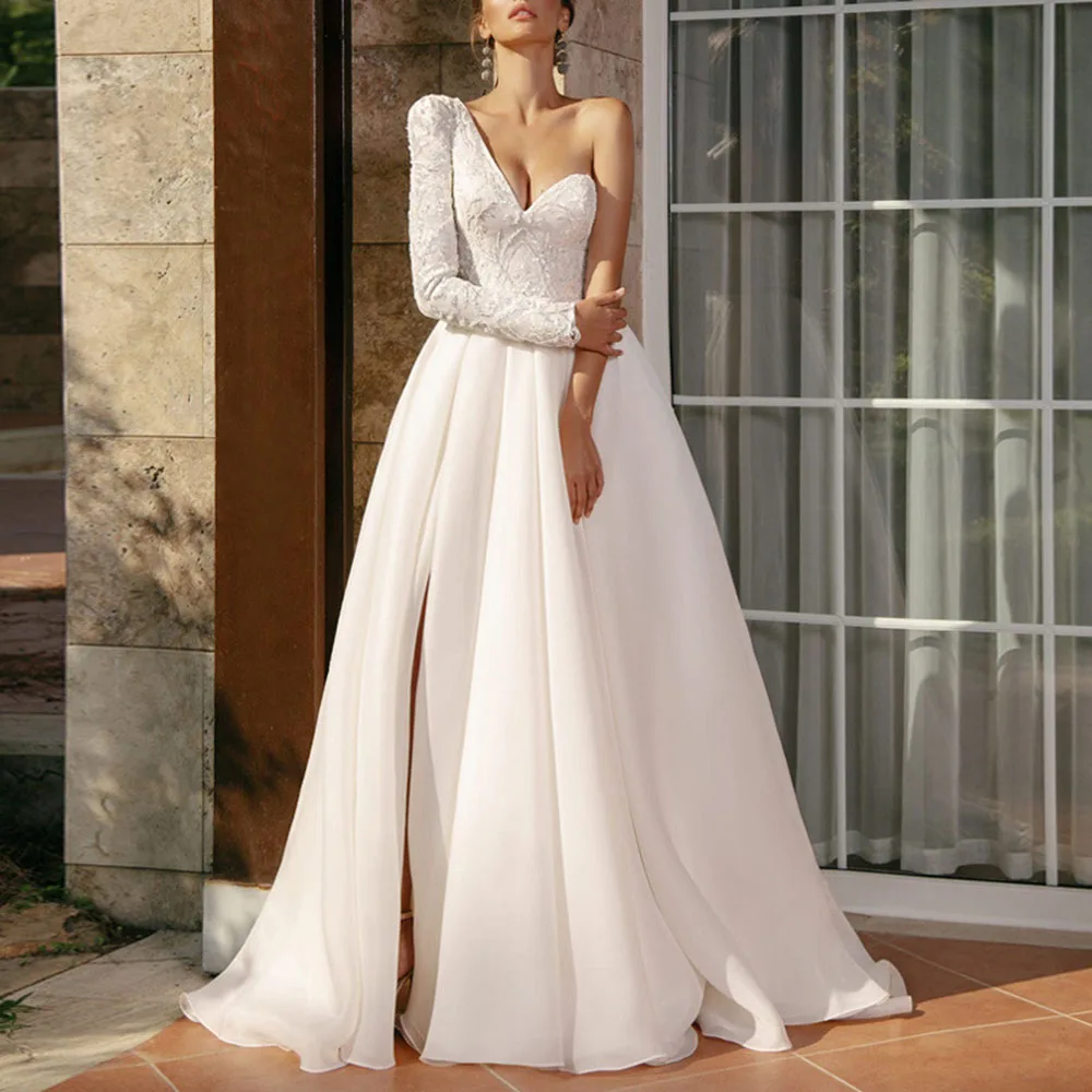 

2021 Autumn Winter New Womens Dress Solid Color Fashion Temperament Elegant Split Fork High Waist Single Shoulder Evening Dress