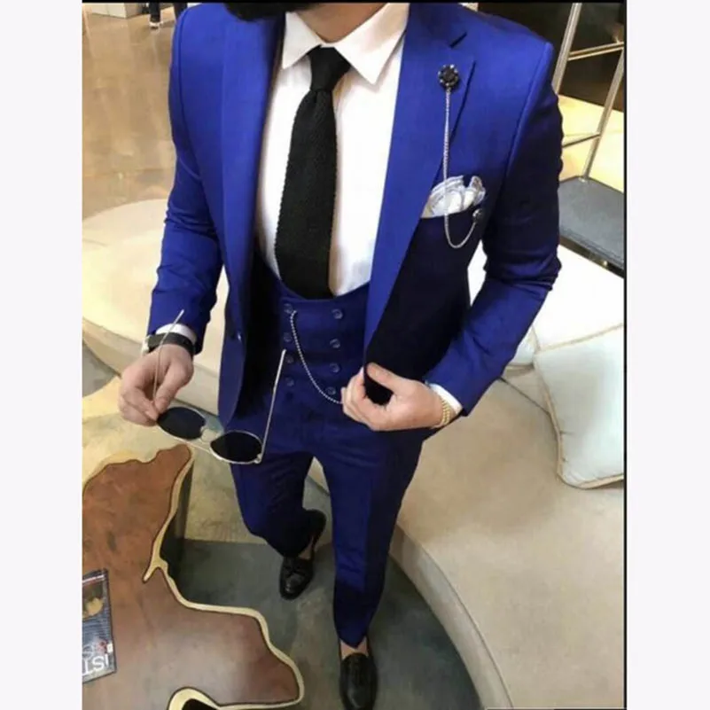 

2022 приталенный ярко-синий костюм для мужчин, мужской блейзер-смокинг для жениха из 3 предметов (пиджак + брюки + жилет + галстук)