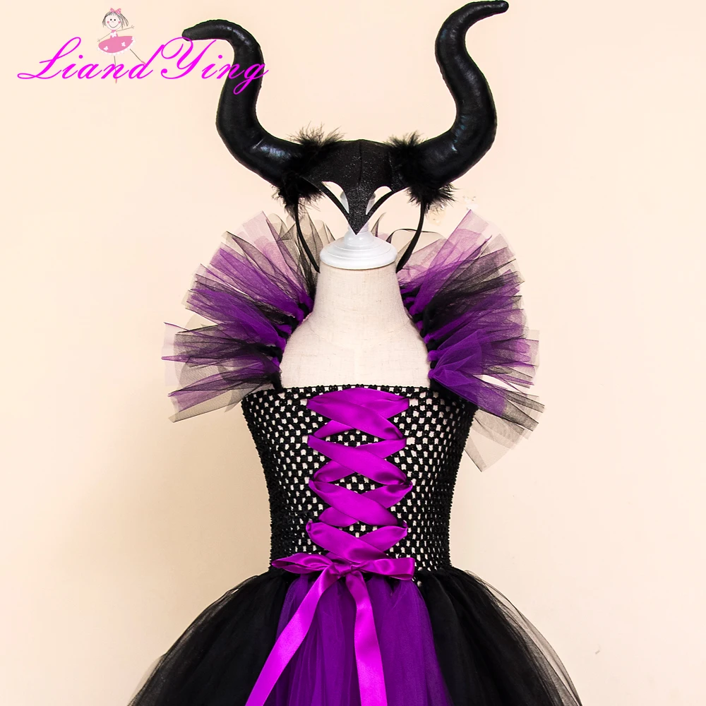 Maleficent/платье-пачка «злая королева» для девочек с рогами, костюм ведьмы для косплея для девочек, детское праздничное платье, детская одежда