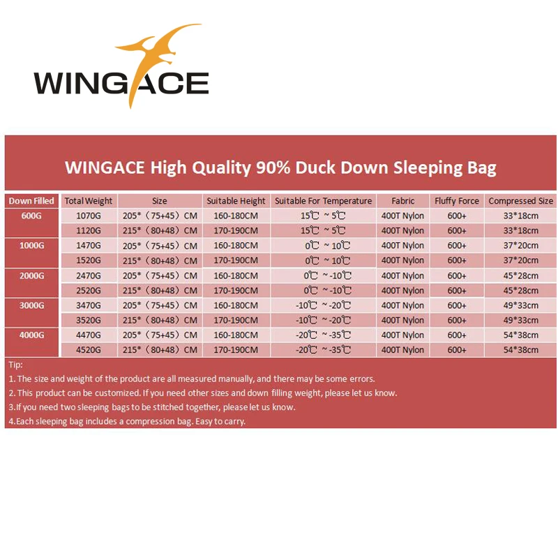 WINGACE, зимние спальные мешки для кемпинга, 2000 г, 3000 г, 4000 г, утиный пух, спальный мешок для взрослых, для мам, для путешествий, водонепроницаемый, uyku tulumu