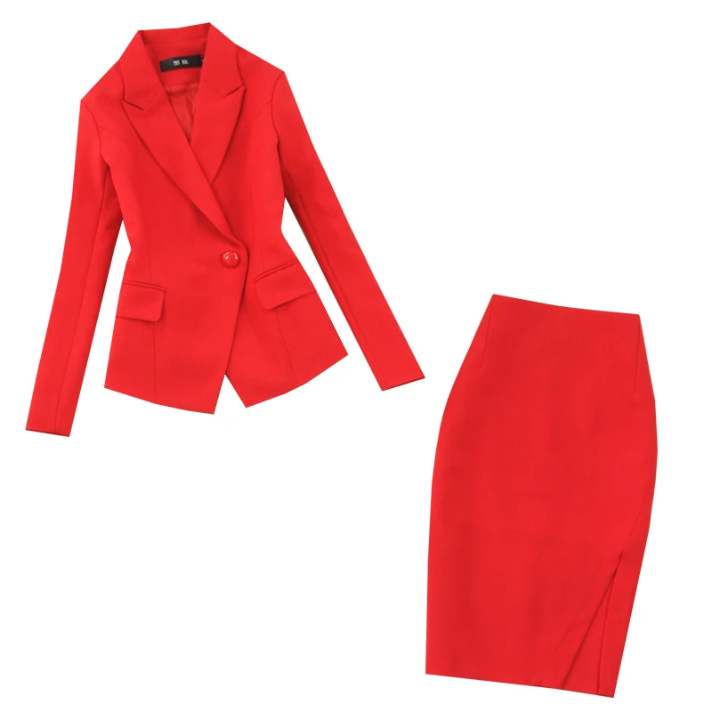 

YYMSXR Women's suits2021 new autumn large size red long-sleeved single buckle suit fashion bag hip skirt suit two-piece suit