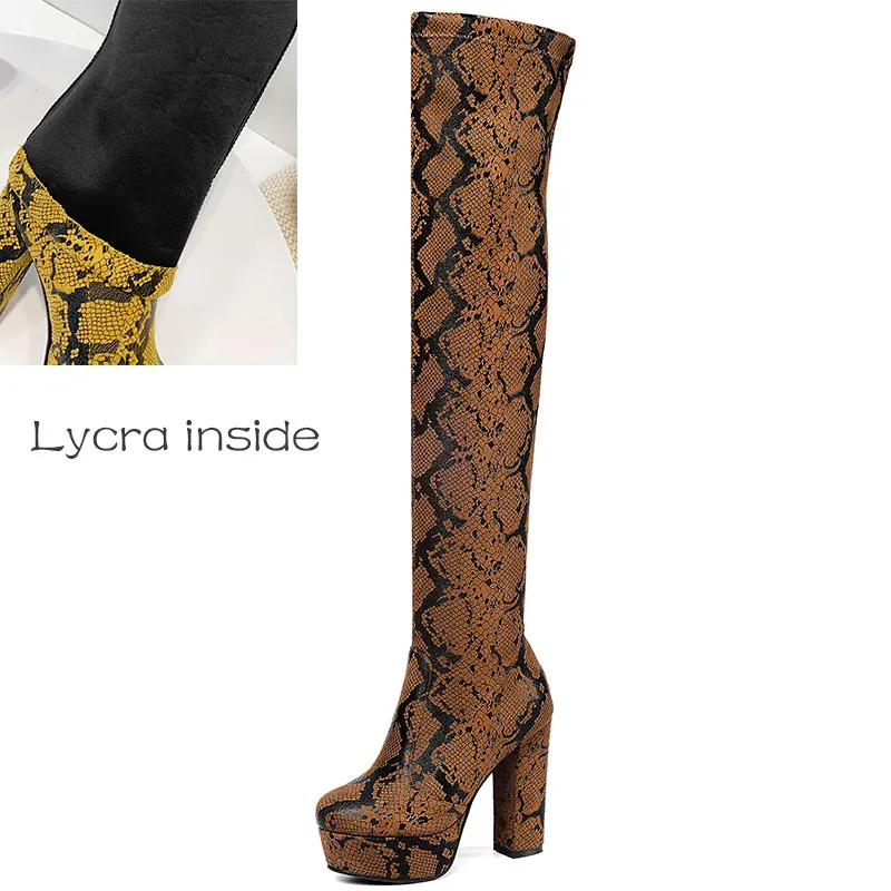 Lycra inside Brown Lasyarrow/женские ботинки новые зимние модные водонепроницаемые сапоги выше колена на платформе с круглым носком и змеиным узором - Цвет: Lycra inside Brown