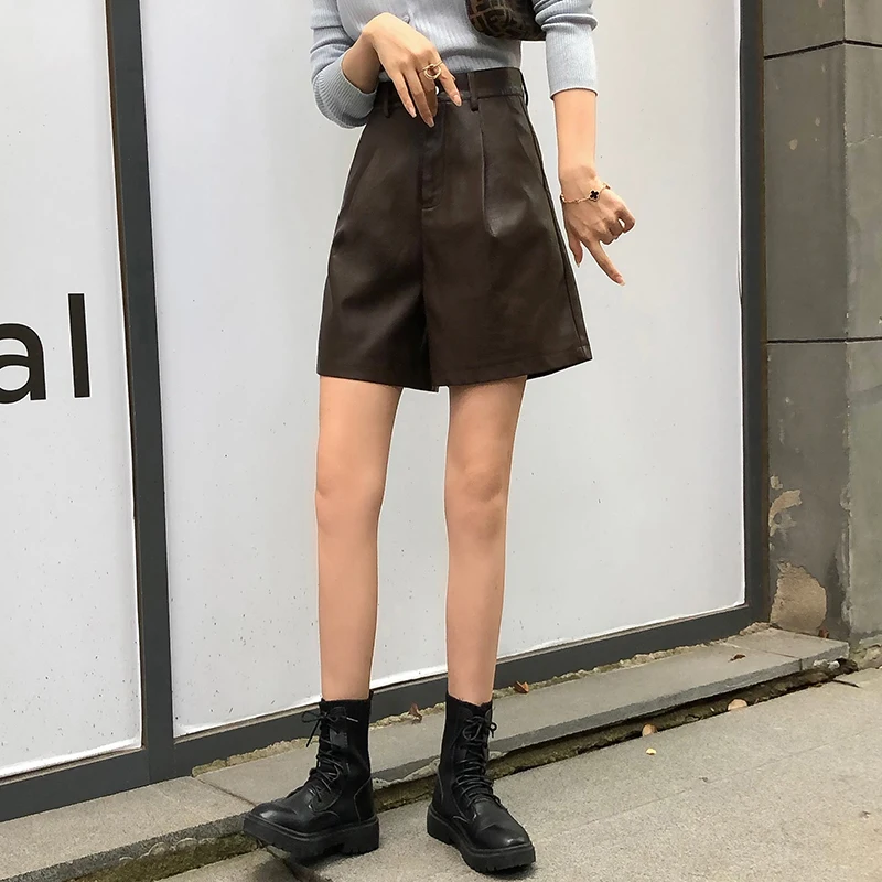

Women Autumn Fashion Loose Casual Street Wear Bicycle Shorts Pu Leather Shorts High Waisted Shorts Faux Leather Loose Shorts