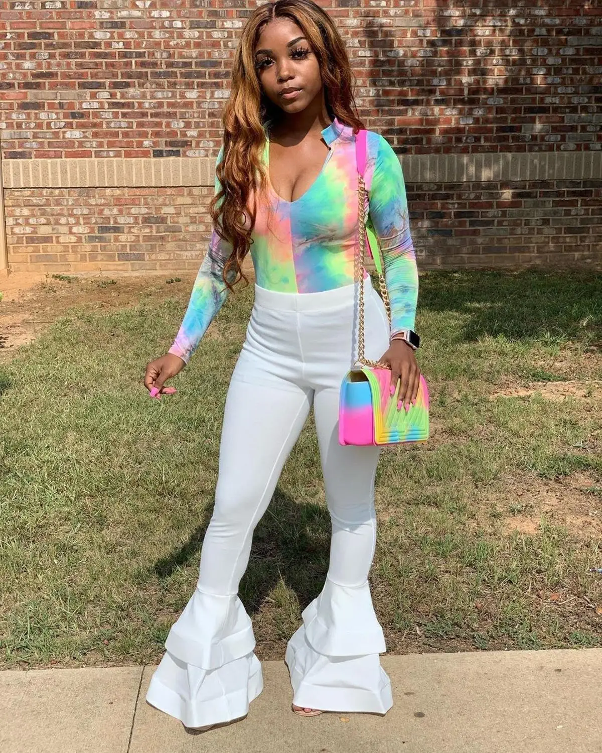 

2020 Autumn New Women Tie-Dye Two Piece Sets Lady's Sexy V-neck Full Sleeve Tops High Waist Bodycon Ruffles Bell-Bottoms Sets