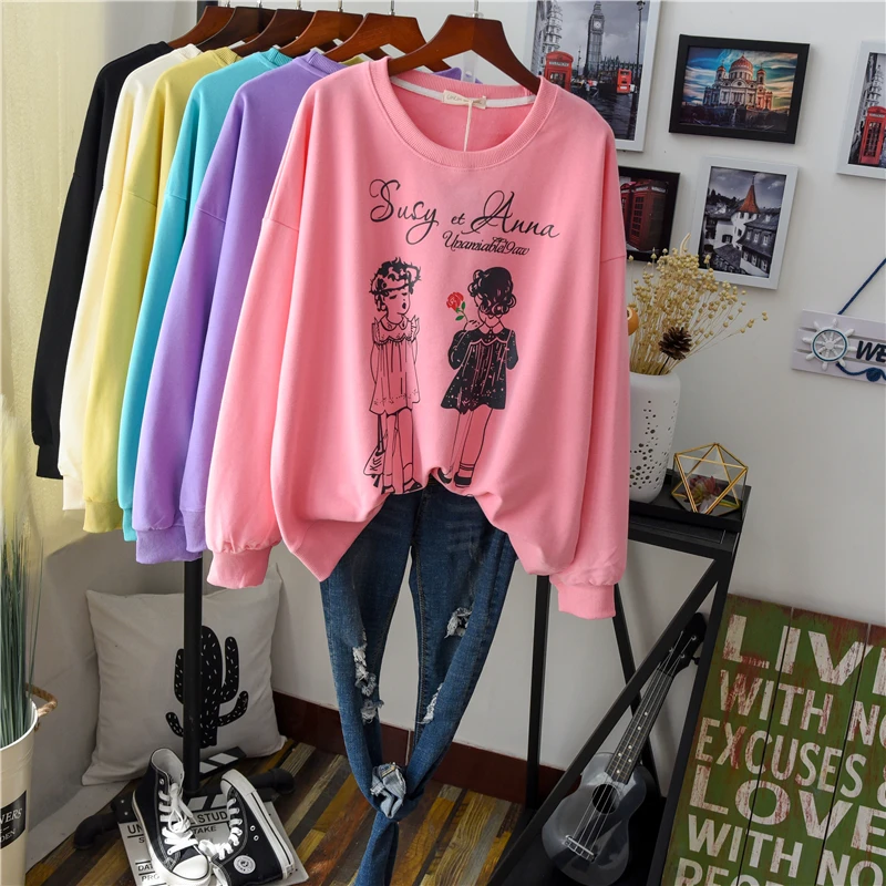 Ulzzang весенние и осенние женские свободные толстовки с мультяшными фигурами Топ