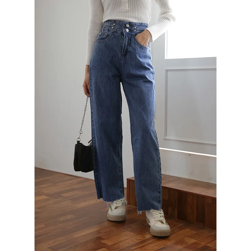 Джинсы женские в стиле ретро с высокой талией тонкие прямые свободные длинные