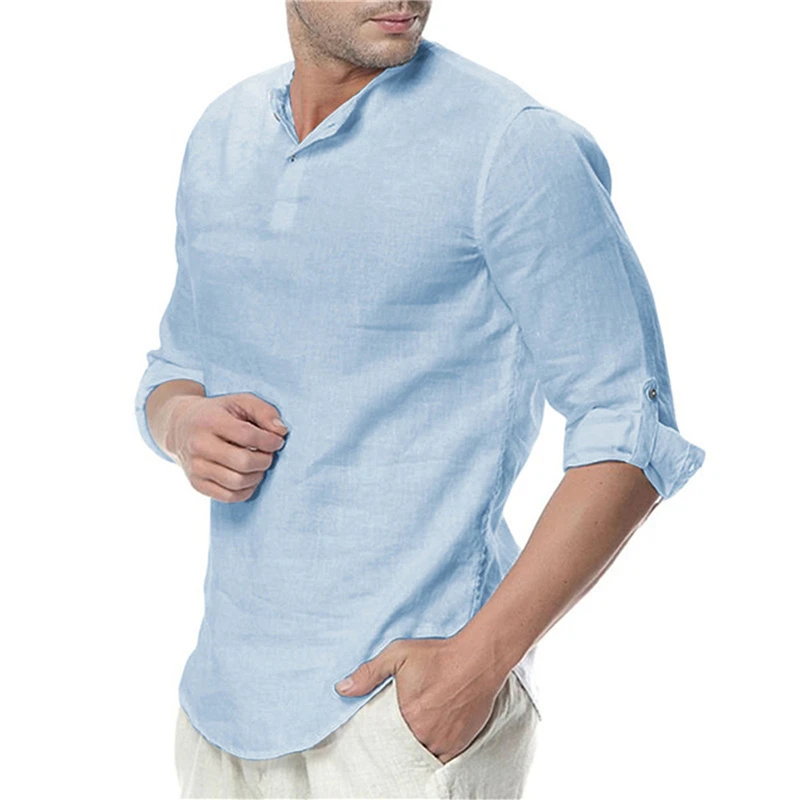 

Однотонная мужская блузка 3XL, удобный дышащий топ с воротником-стойкой и длинным рукавом, модная мужская Повседневная Блузка