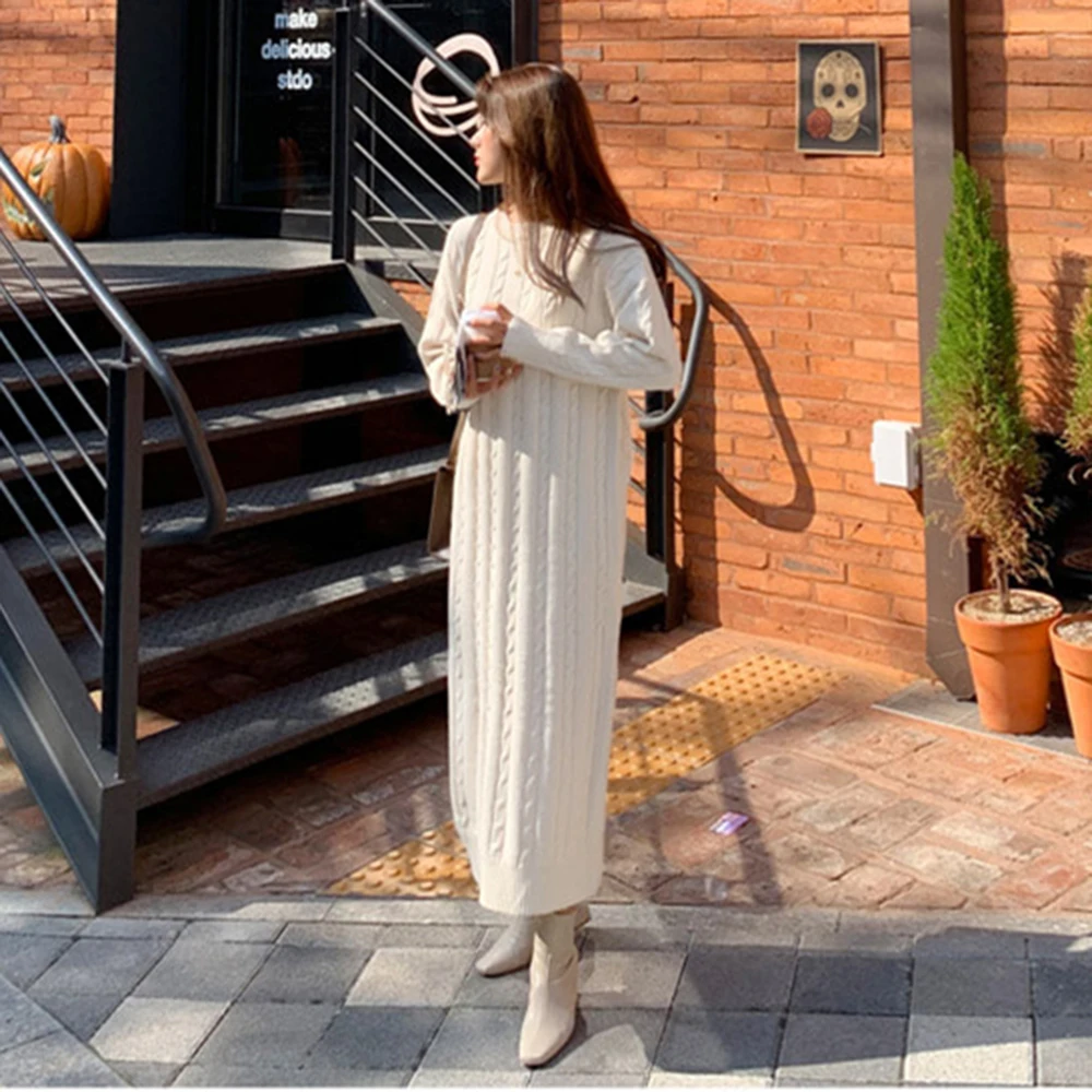 

Autumn Winter 2021 New Dress Solid Color Round Neck Long Sleeve Split Fork Thicken Casual Korean Fashion Long Temperament Dress