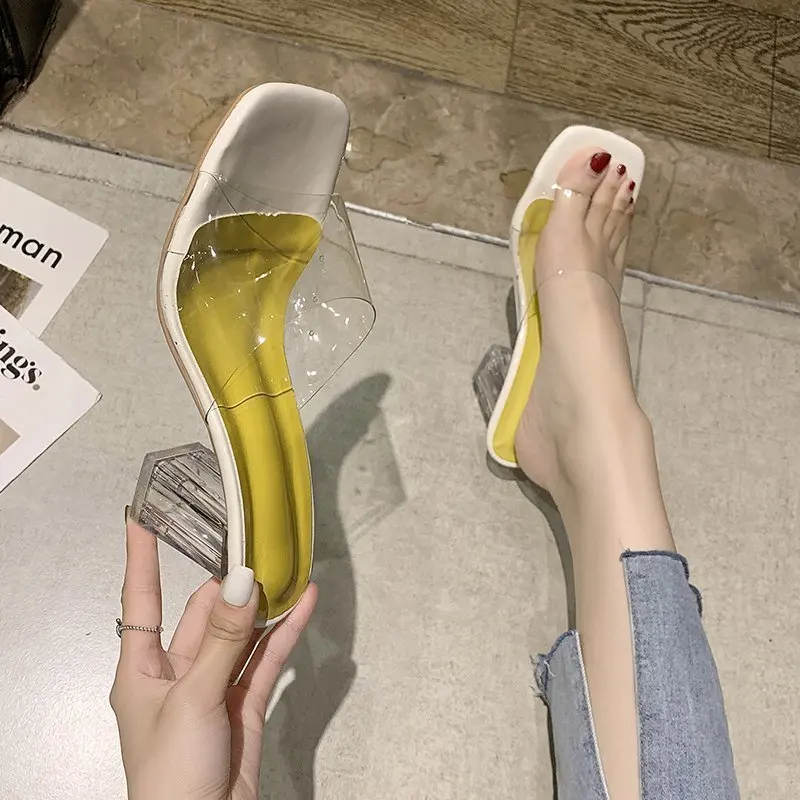 

BRKWLYZ 2021 Summer PVC Women Sandals Crystal Square Toed Sexy Heels Mules Women Transparent Heel Sandals Slippers Pumps