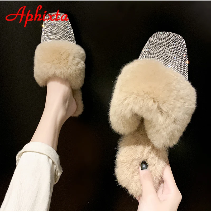 Aphixta/теплые зимние тапочки на натуральном меху; женские шлепанцы с украшением в виде кристаллов; женские пушистые тапочки; женская обувь на плоской подошве с кроличьим мехом